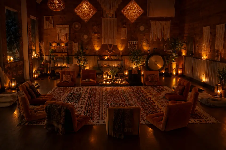 The ceremony space: a timber room lit by candles, macramé on the walls, a gong and low floor seating around a rug.