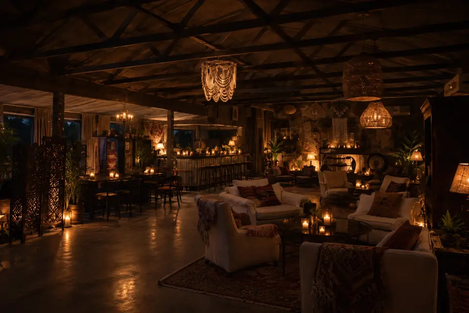 The lounge and bar after dark: beaded chandeliers over a timber bar, candlelit sofas and low tables across a polished floor.