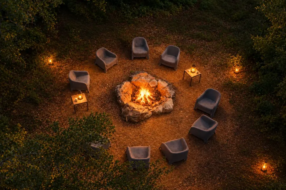 A stone fire pit burning at the centre of a ring of armchairs, lanterns set out through the surrounding brush.