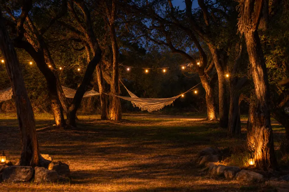 Hammocks strung between the oak trees at night, string lights overhead and lanterns along the ground.