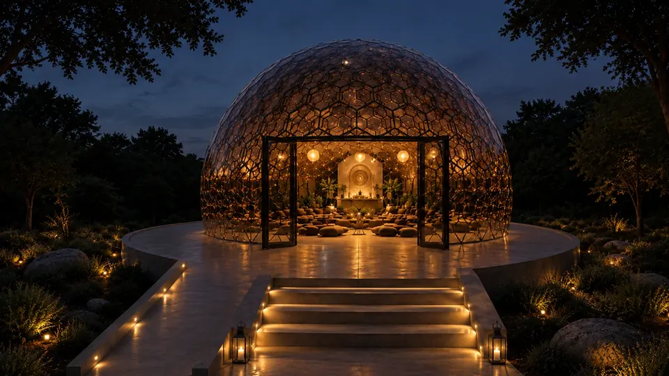 The Maloka Dome at night, lit from within, lanterns and string lights around it.