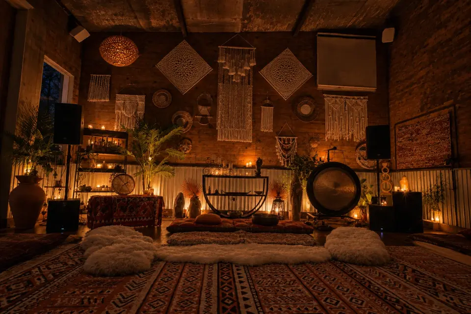 A sound-healing room lit by candles: a large gong and singing bowls at the front, sheepskins and cushions across a patterned rug.
