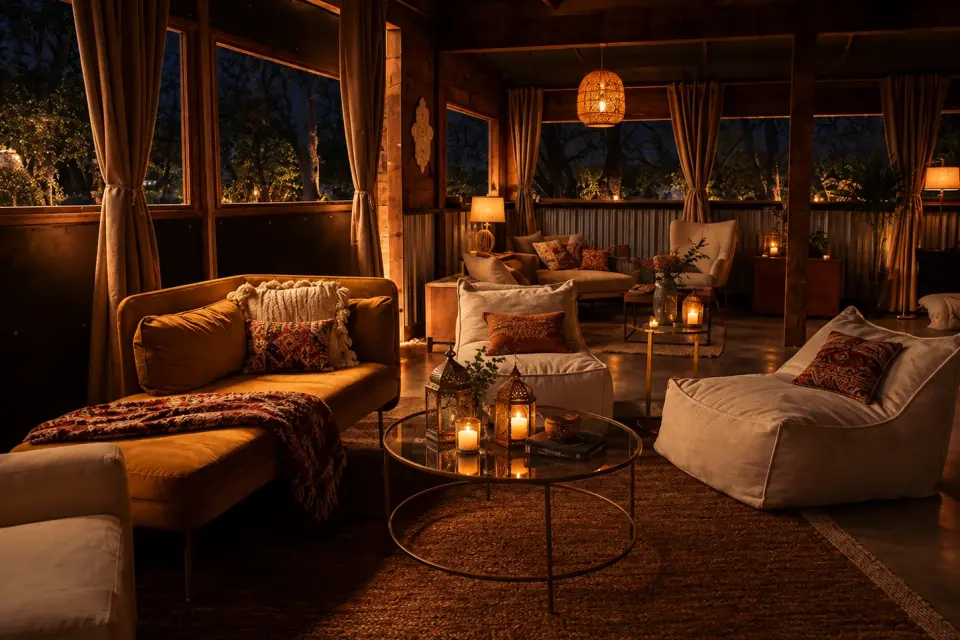A warm timber lounge open to the night: a gold velvet sofa, floor cushions and lanterns on a glass table.