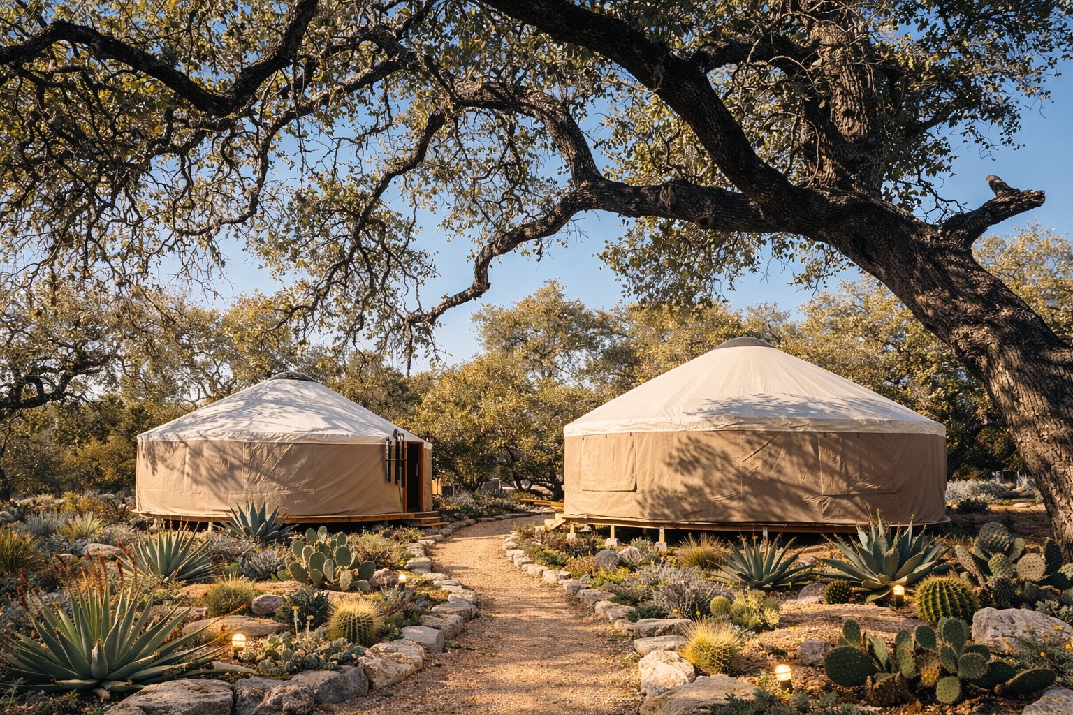 Private guest yurts under the oaks at AWKN Ranch